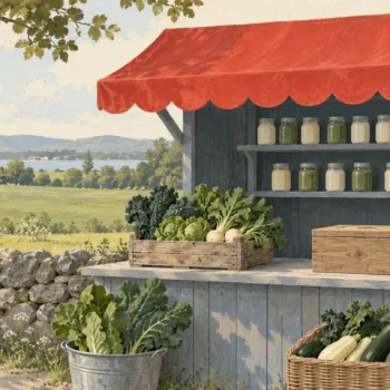 Gouache painting of a roadside farm stand with jam jars and vegetables under a vermilion awning, green fields behind.