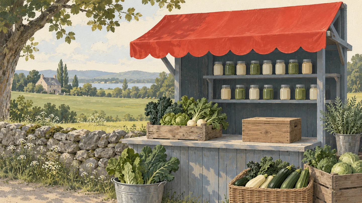 Gouache painting of a roadside farm stand with jam jars and vegetables under a vermilion awning, green fields behind.