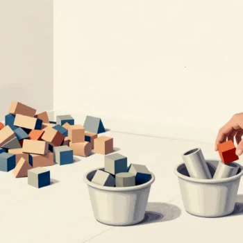 Two hands taking blocks from two sorted bins, one of cubes and one of cylinders, beside a messy heap of blocks.