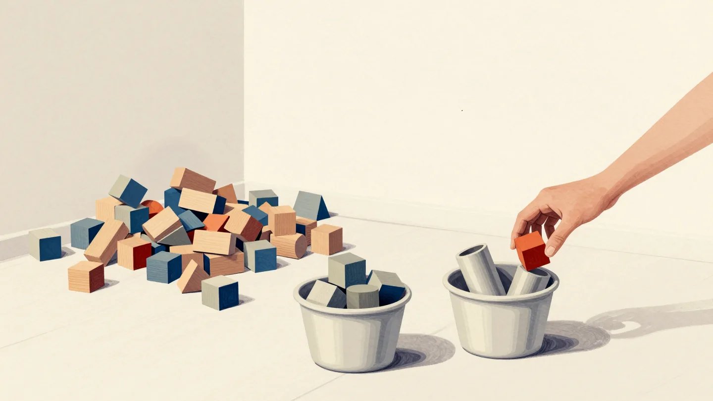 Two hands taking blocks from two sorted bins, one of cubes and one of cylinders, beside a messy heap of blocks.