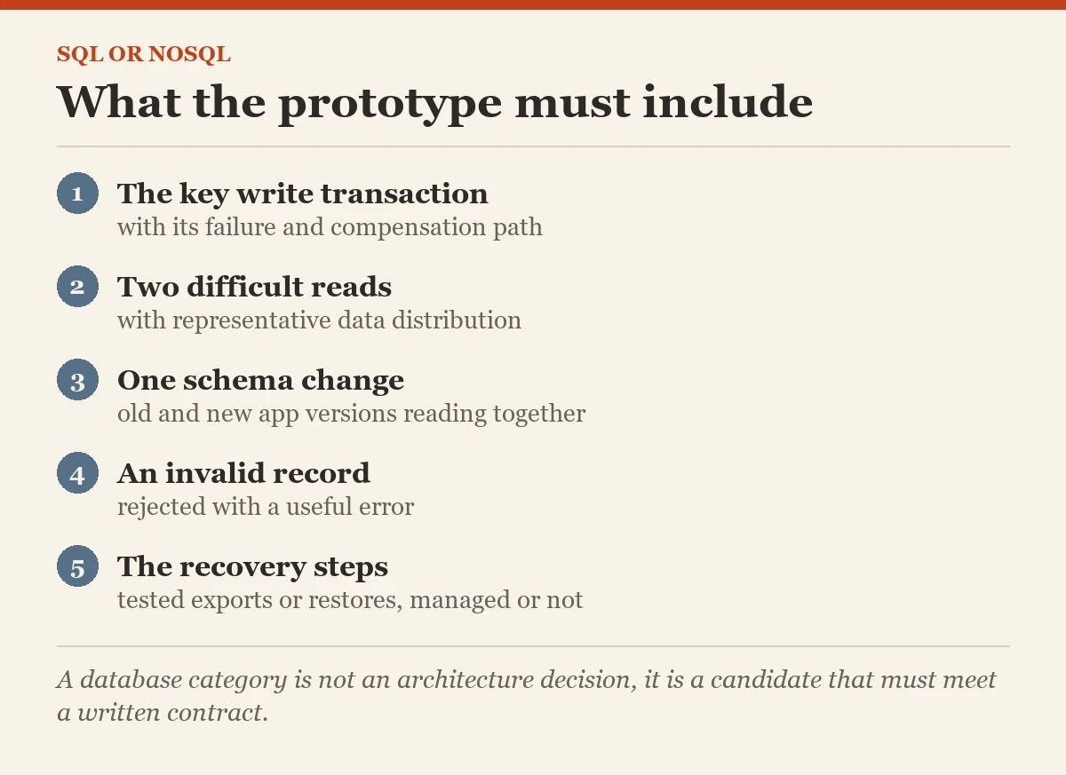 What the prototype must include: a checklist on the SQL or NoSQL