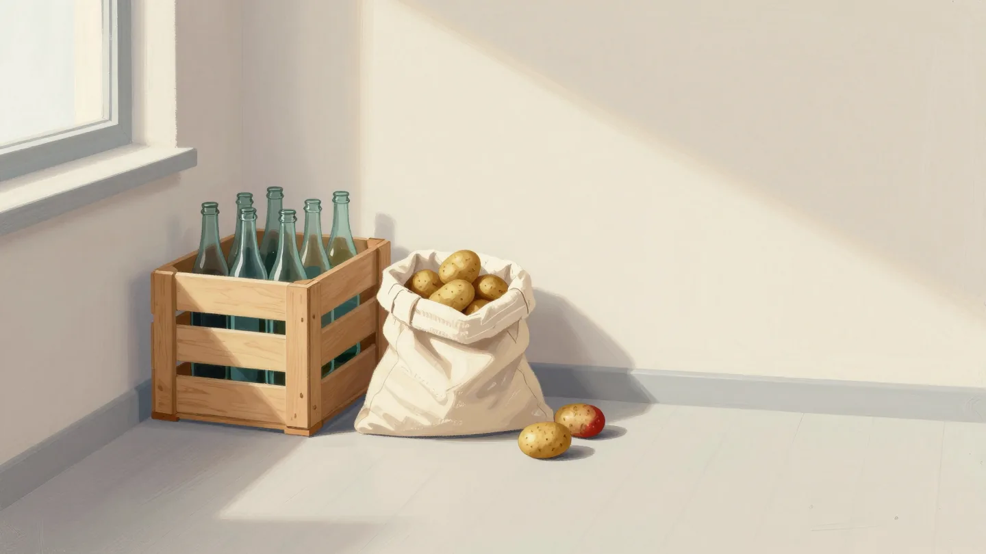 A wooden crate with fitted compartments holding bottles upright beside a loose canvas sack of potatoes on a pantry floor.