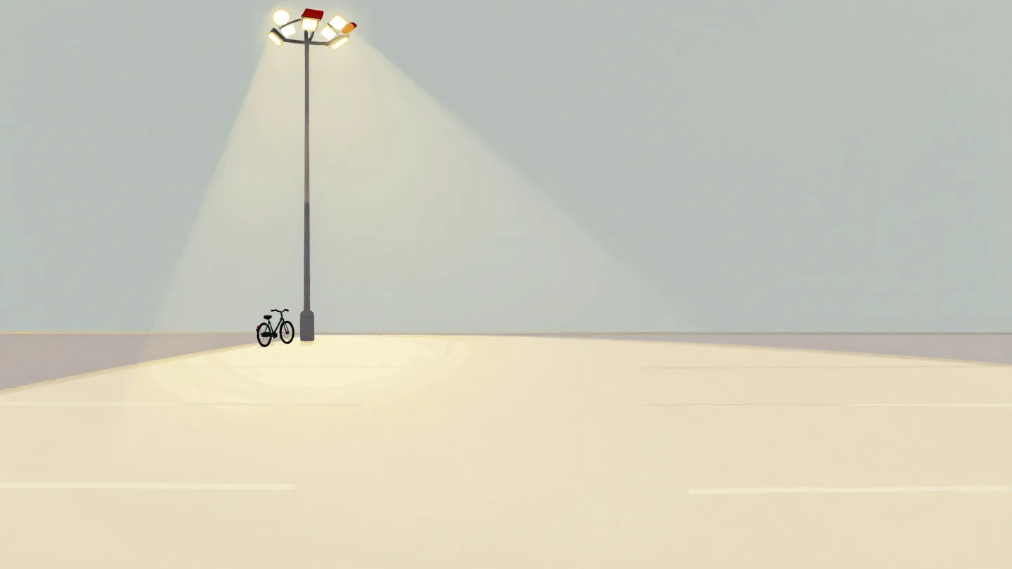A tall floodlight lighting an entire empty car park at night, one small bicycle standing in a far corner.