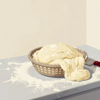 A small proofing basket with a huge mass of dough spilling over its sides across a floured bakery bench.