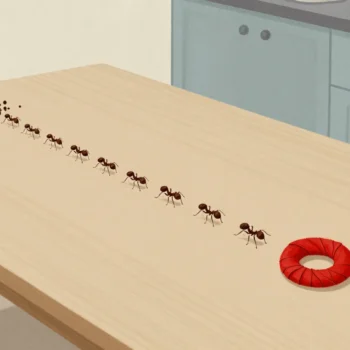 A line of ants carrying crumbs along a wooden table to one corner, past a red napkin ring.