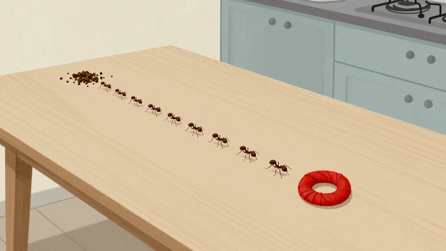 A line of ants carrying crumbs along a wooden table to one corner, past a red napkin ring.