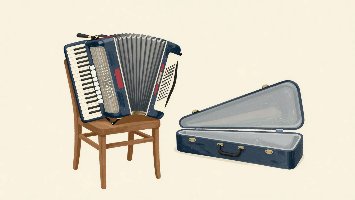 An accordion with its bellows squeezed shut by a red strap, resting beside its large open case