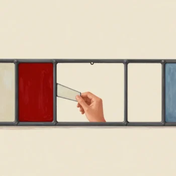 A stained glass panel being made, five panes in a row with two filled and a hand testing a piece in a gap.