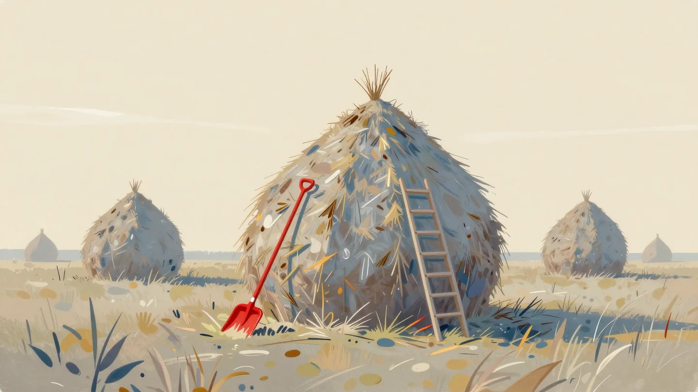 A ladder against one big haystack in a field, a red pitchfork starting the search.
