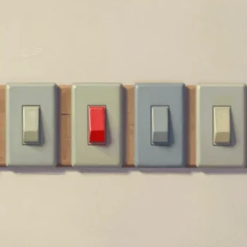 A row of wall switches on wooden plates, the middle switch red and the others muted gray and cream.