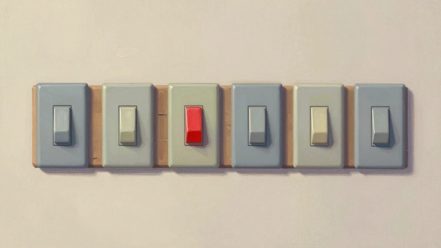 A row of wall switches on wooden plates, the middle switch red and the others muted gray and cream.