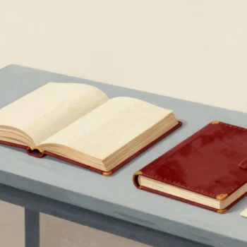 A bookbinder's bench with an old book's pages beside a new red cloth cover.