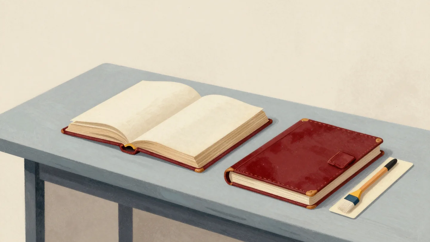 A bookbinder's bench with an old book's pages beside a new red cloth cover.