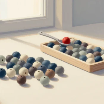 Smooth wooden beads scattered on a pale table beside a wooden tray of the same beads sorted into rows, one red bead lifted on a spoon.