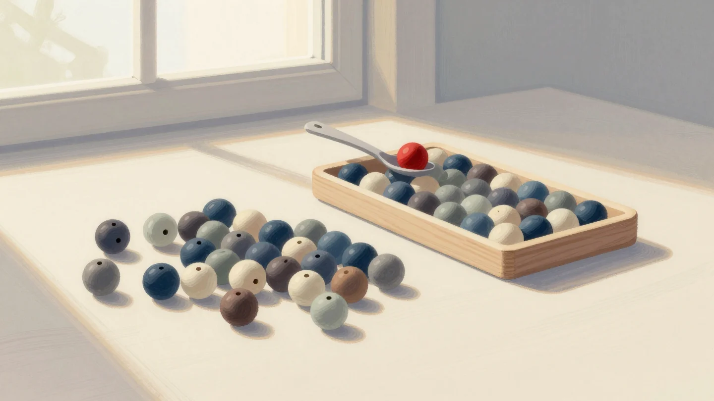 Smooth wooden beads scattered on a pale table beside a wooden tray of the same beads sorted into rows, one red bead lifted on a spoon.