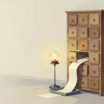 A tall wooden cabinet of small drawers with a paper strip running out of it, a small lamp with a red base glowing beside it.