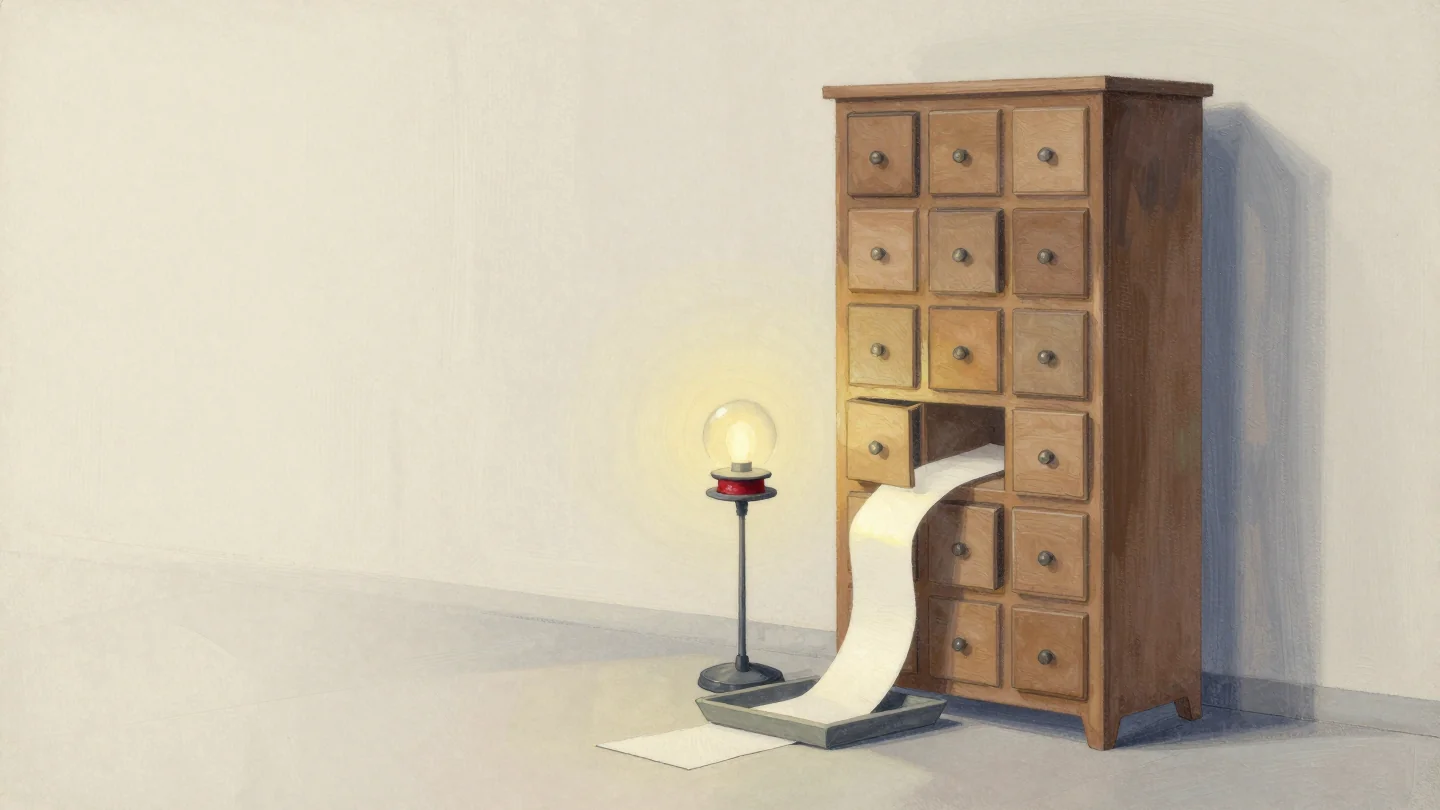 A tall wooden cabinet of small drawers with a paper strip running out of it, a small lamp with a red base glowing beside it.