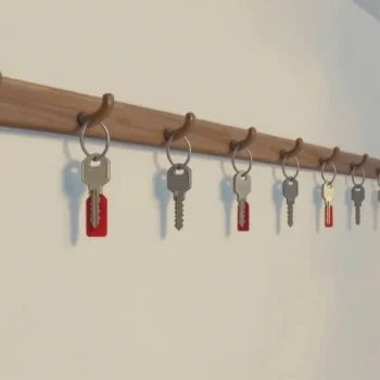 A row of wooden coat hooks on a wall, each holding a ring of keys, a few rings with small red tags.