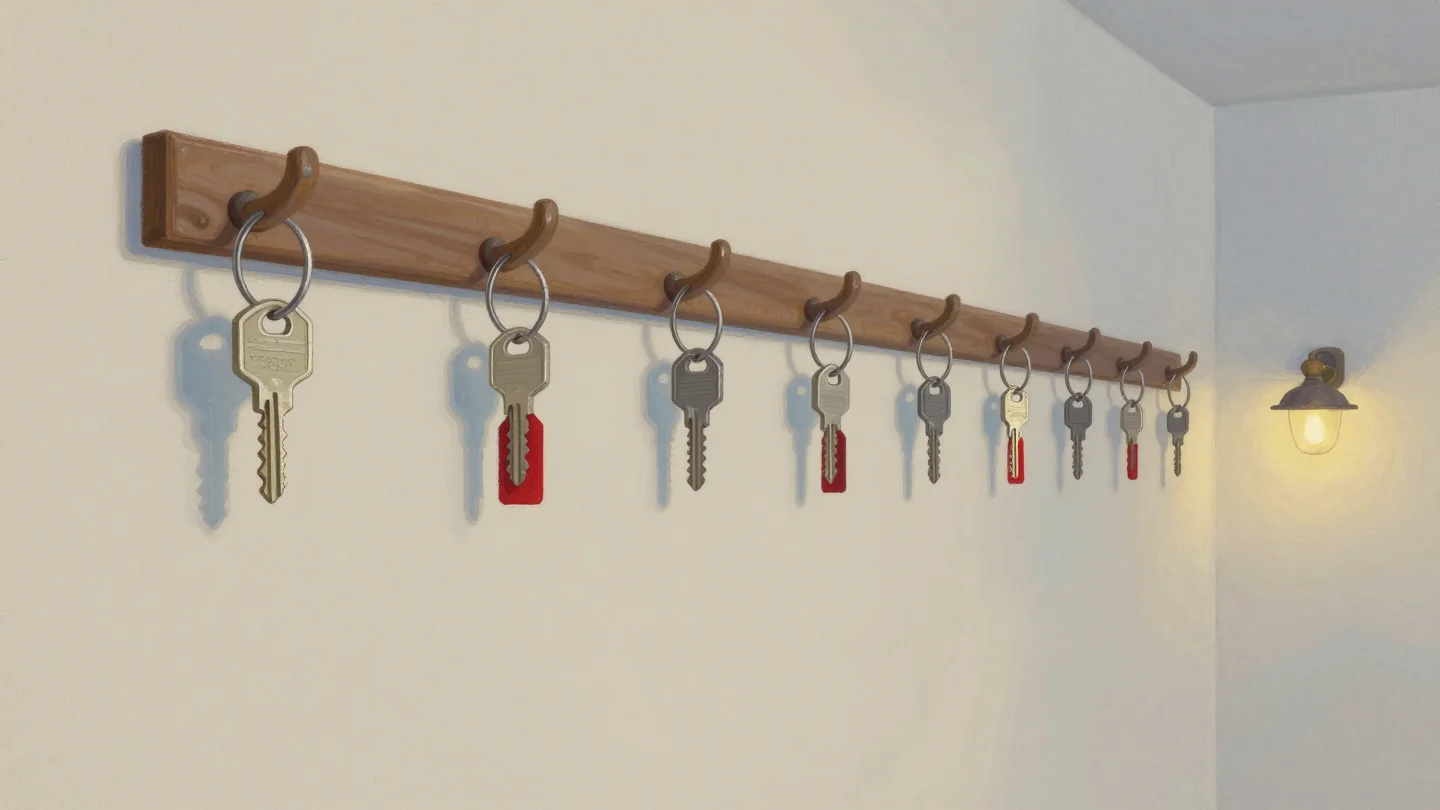 A row of wooden coat hooks on a wall, each holding a ring of keys, a few rings with small red tags.