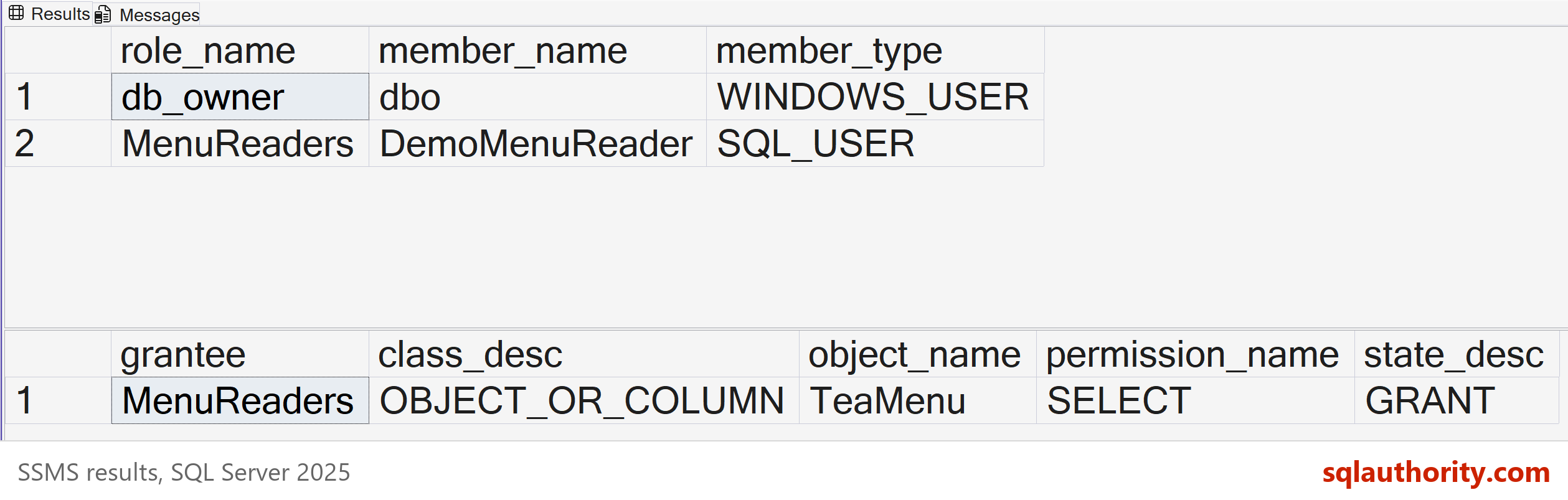 SSMS result grids listing role members and the SELECT permission granted to the MenuReaders role
