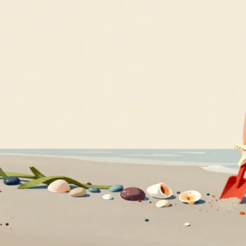 A hand picking a single small star-shaped shell out of a long tideline of scattered shells on a beach.