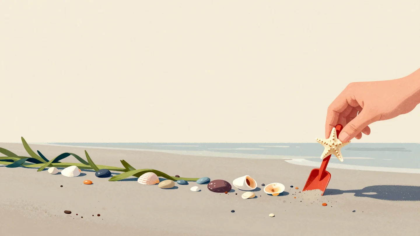 A hand picking a single small star-shaped shell out of a long tideline of scattered shells on a beach.