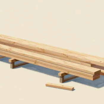 Equal lengths of plank stacked neatly, a large leftover piece dropped in a red scrap bin.