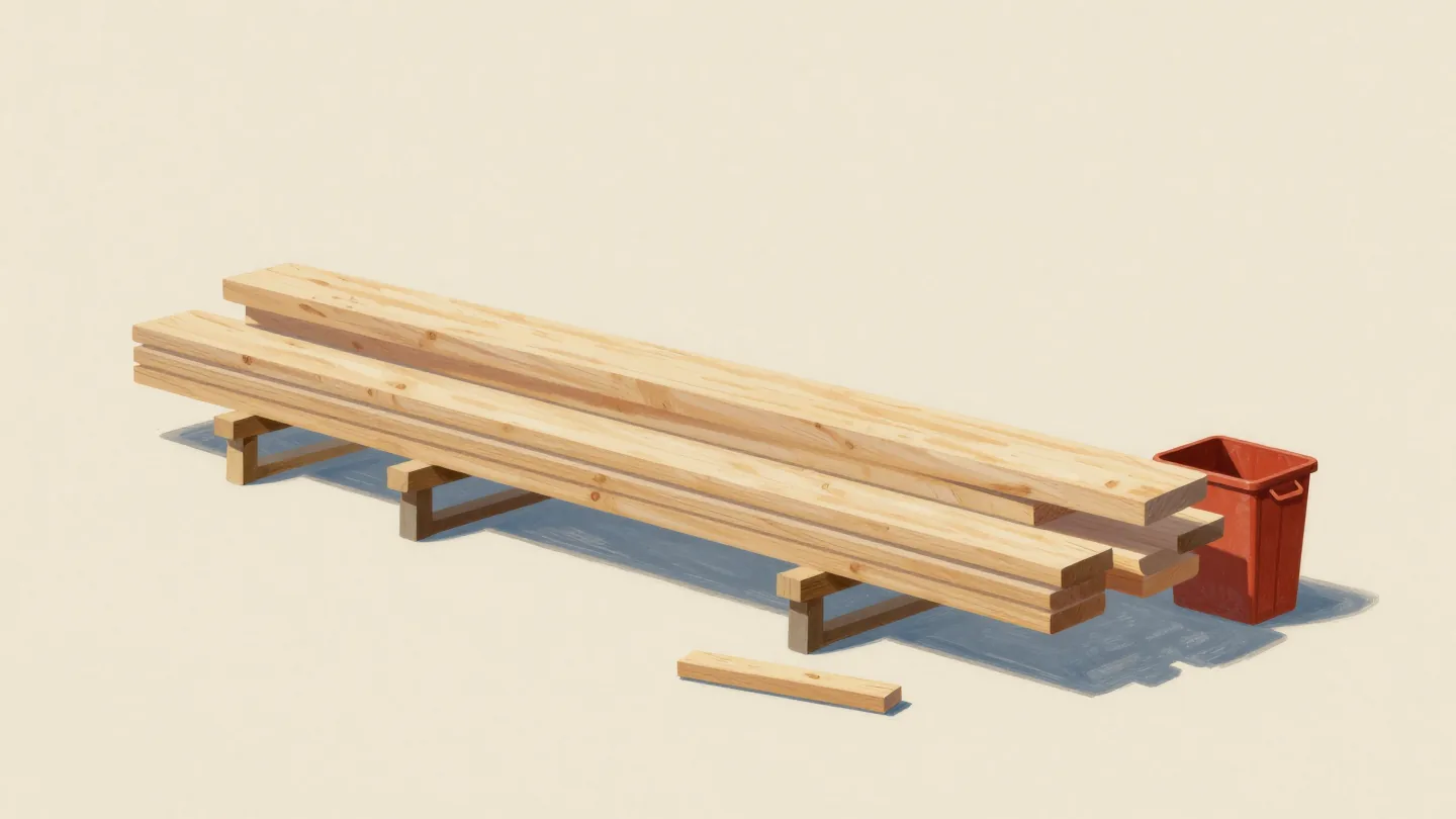 Equal lengths of plank stacked neatly, a large leftover piece dropped in a red scrap bin.