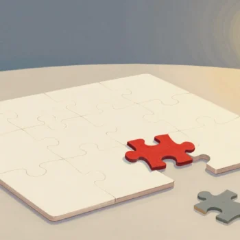 A pale jigsaw puzzle with one red piece fitting into the gap and two loose gray pieces lying to the side.