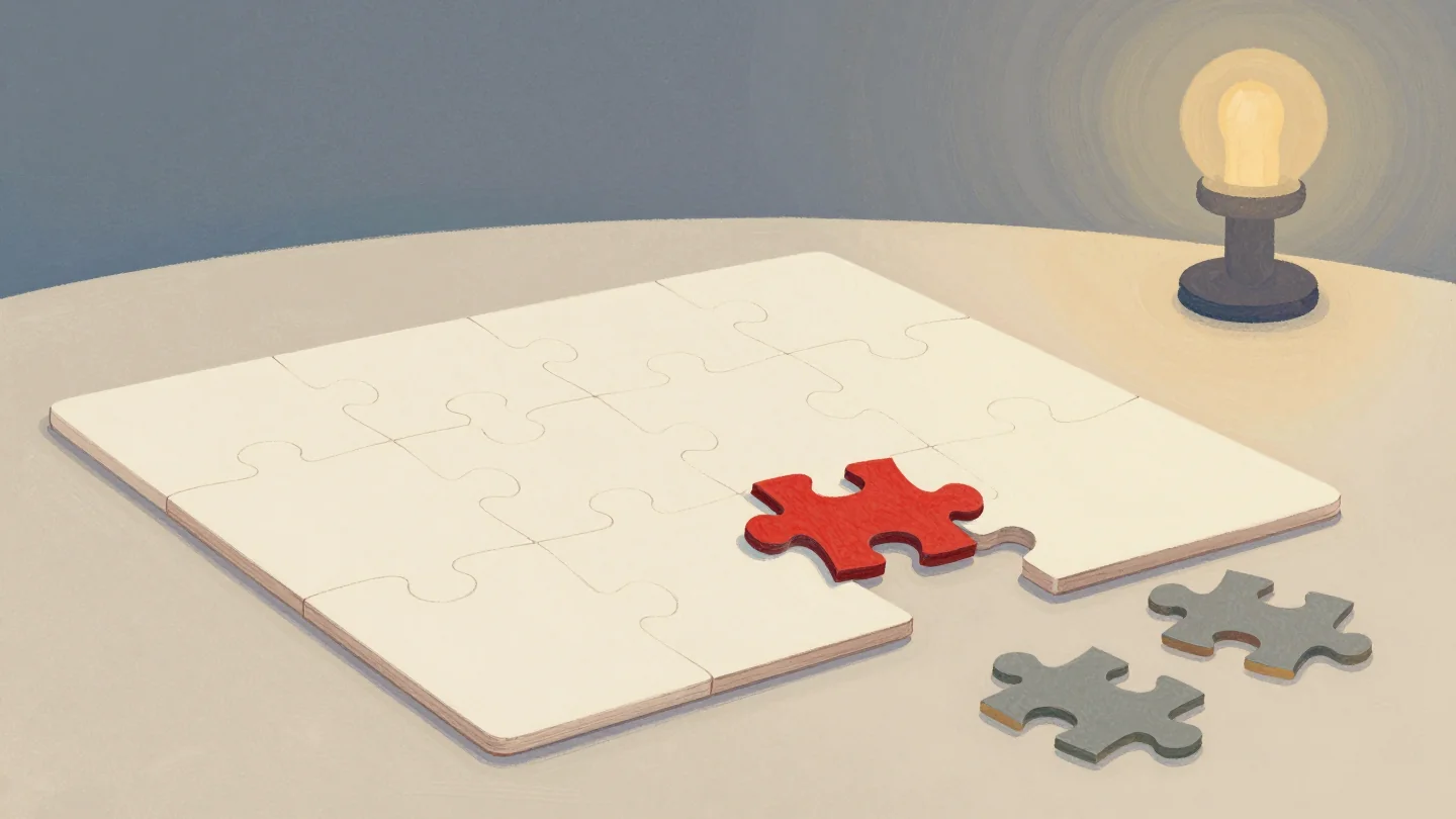 A pale jigsaw puzzle with one red piece fitting into the gap and two loose gray pieces lying to the side.