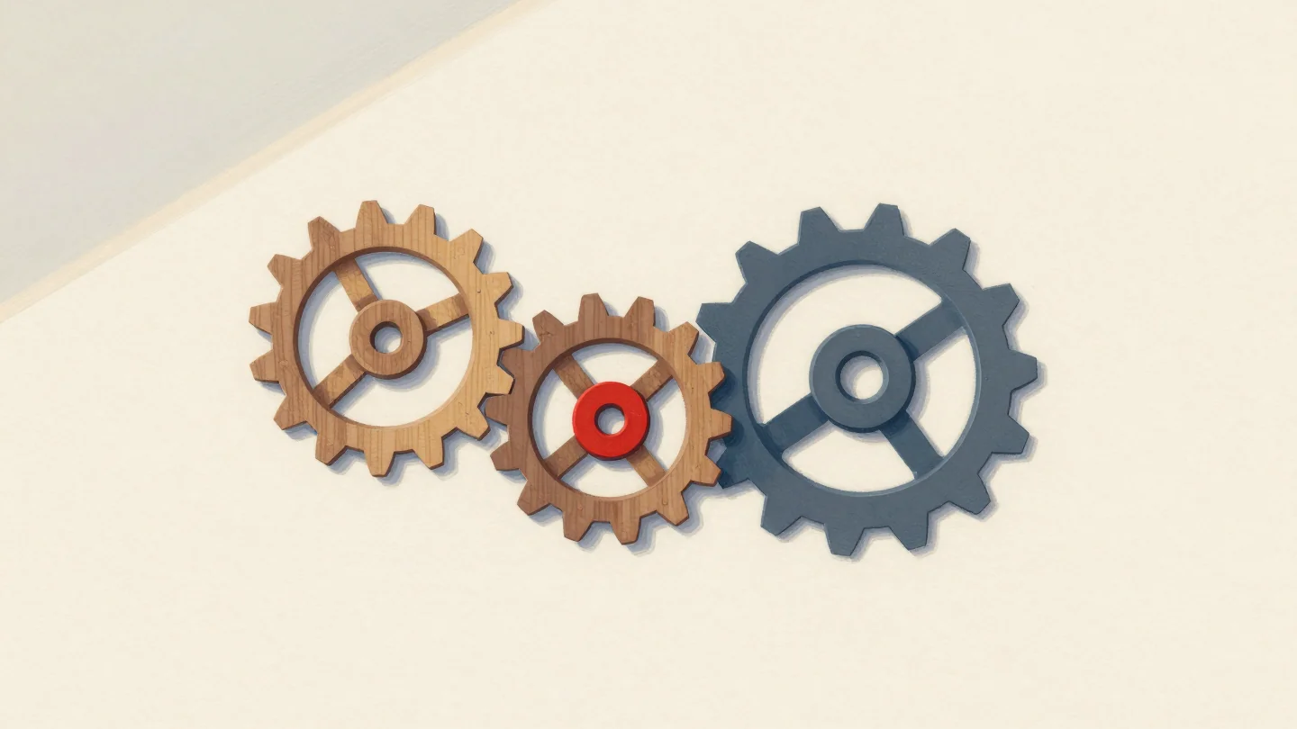 Three interlocking gears on a pale board, two wooden and one gray, the middle gear with a red center.