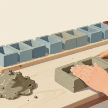 Hands pressing clay into a wooden brick mold beside a row of identical fresh bricks drying