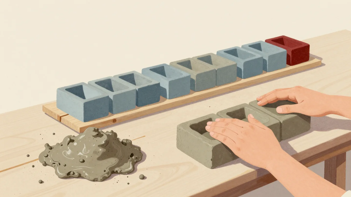 Hands pressing clay into a wooden brick mold beside a row of identical fresh bricks drying