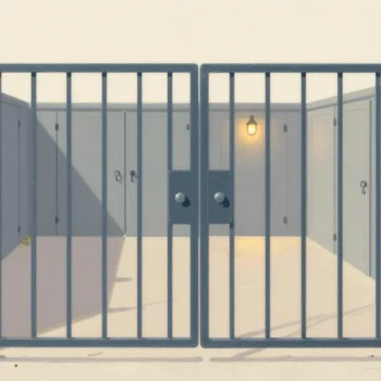 A tall metal garden gate with a key hanging on a red tassel beside it, and a quiet courtyard of doors beyond.