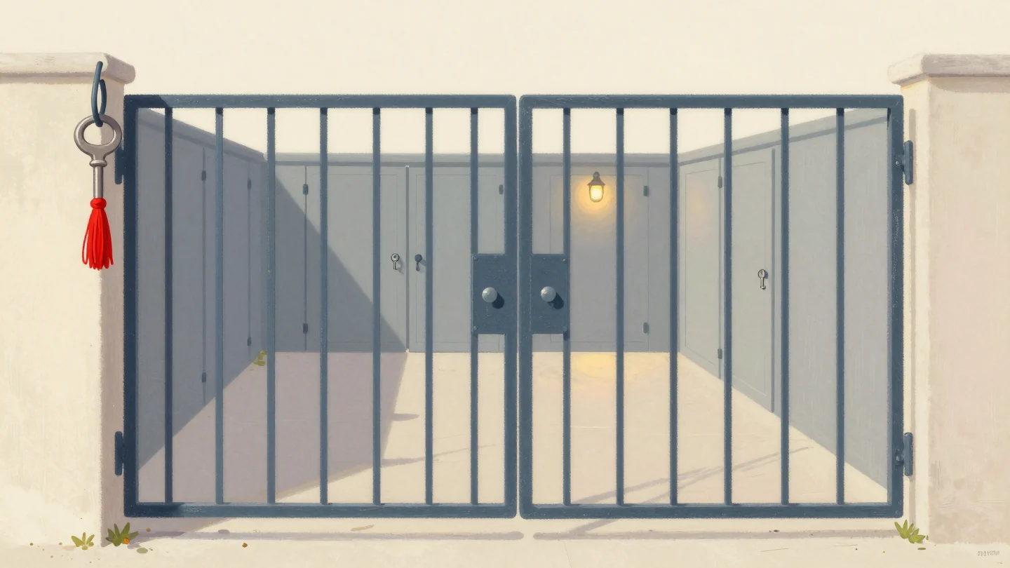 A tall metal garden gate with a key hanging on a red tassel beside it, and a quiet courtyard of doors beyond.
