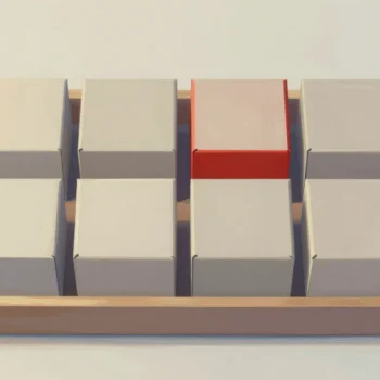 Eight identical plain boxes packed in a shallow wooden tray in two rows of four, one box red.