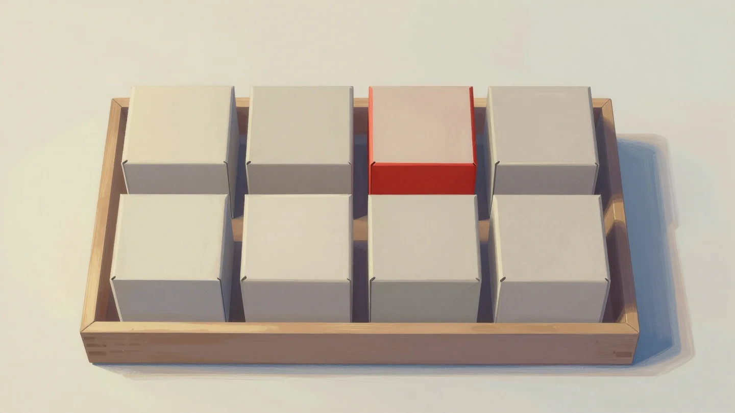 Eight identical plain boxes packed in a shallow wooden tray in two rows of four, one box red.