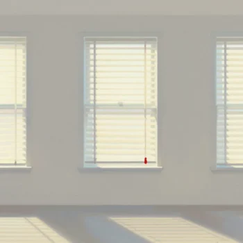 Three tall windows with pale blinds set at different angles, sunlight falling in strips across the floor.