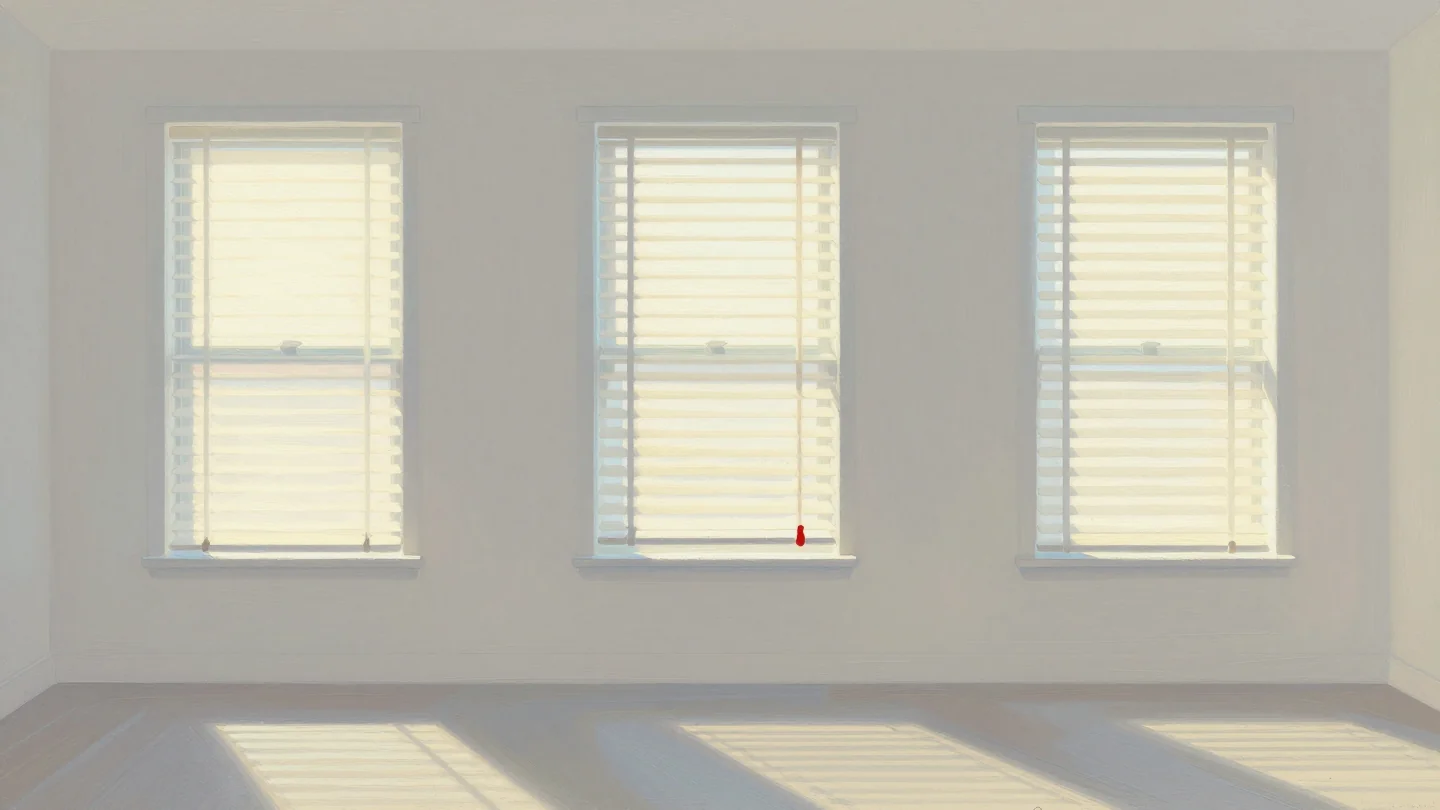 Three tall windows with pale blinds set at different angles, sunlight falling in strips across the floor.