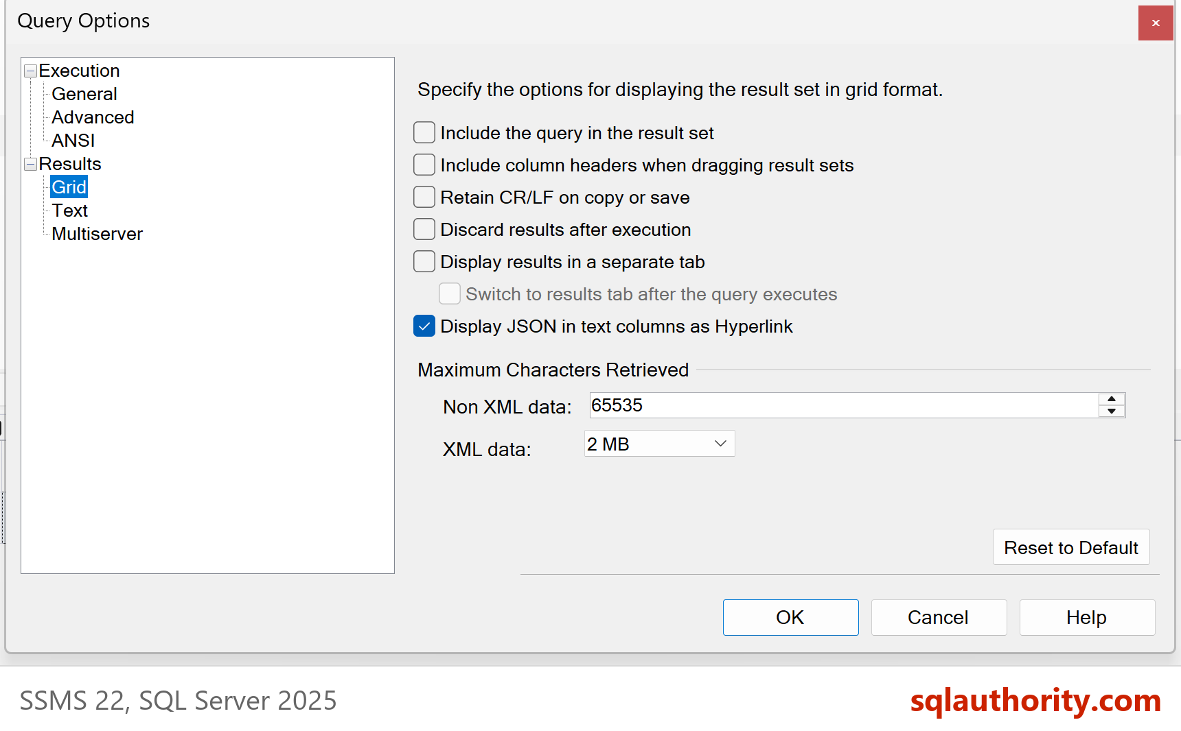 The SSMS Query Options dialog on the Results page, showing the Maximum Characters Retrieved setting for the grid