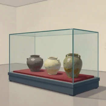 A glass display case in a quiet gallery holding three old ceramic jars on a red base.