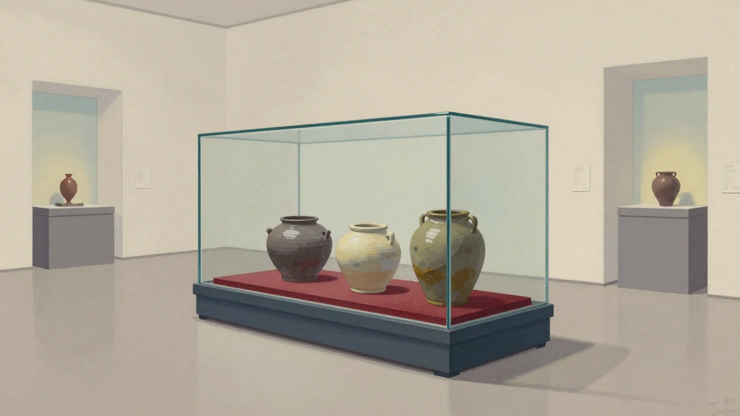 A glass display case in a quiet gallery holding three old ceramic jars on a red base.