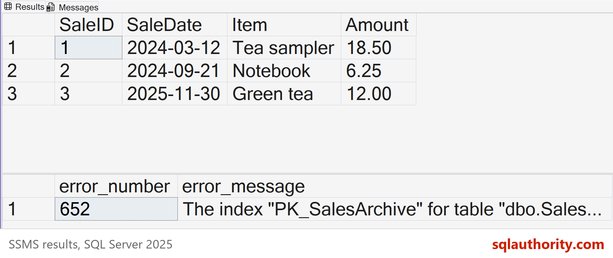 SSMS result grids showing the three archive rows and error 652, returned when an insert reaches a table on a read-only filegroup