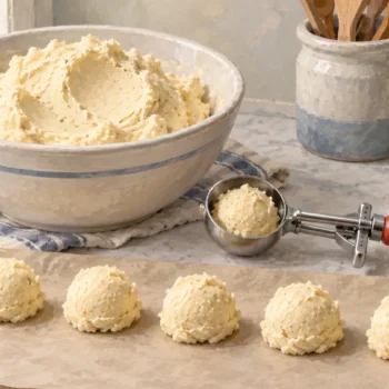 A portion scoop beside a mound and equal portions of the same mixture