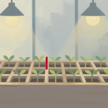 A wooden seed tray seen from above with rows and columns of small green seedlings, one cell marked with a red stick.