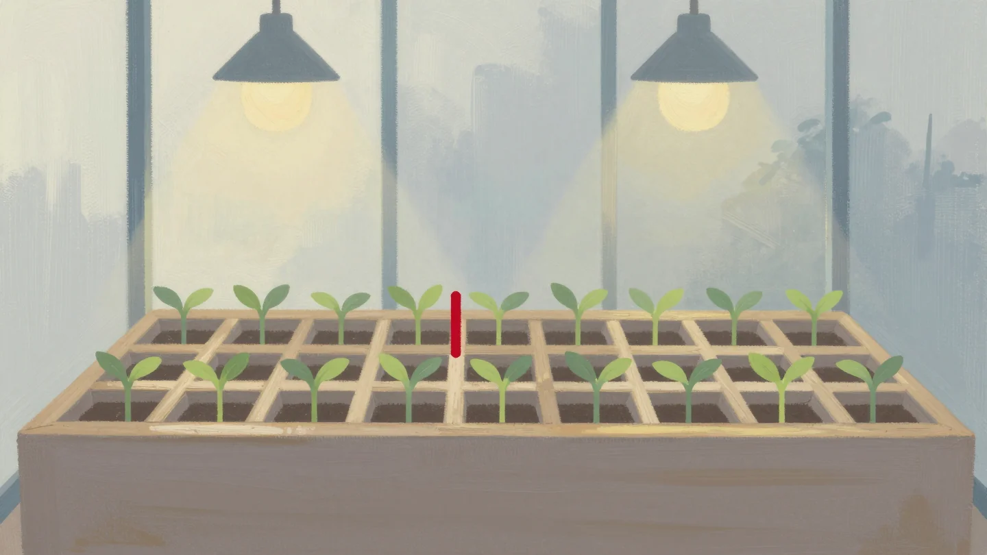 A wooden seed tray seen from above with rows and columns of small green seedlings, one cell marked with a red stick.