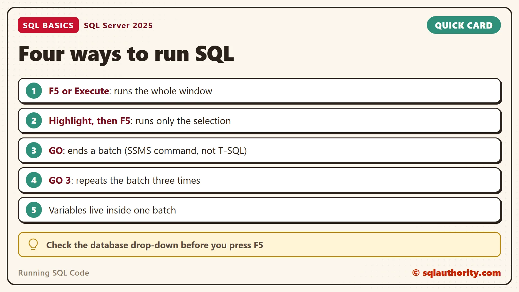 Card titled Four ways to run SQL: F5 or Execute: runs the whole window; Highlight, then F5: runs only the selection; GO: ends a batch (SSMS command, not T-SQL); GO 3: repeats the batch three times; Variables live inside one batch. Tip: Check the database drop-down before you press F5.