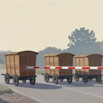 Three wooden wagons waiting on a country road at a level crossing, a striped barrier arm lowered in front of them.