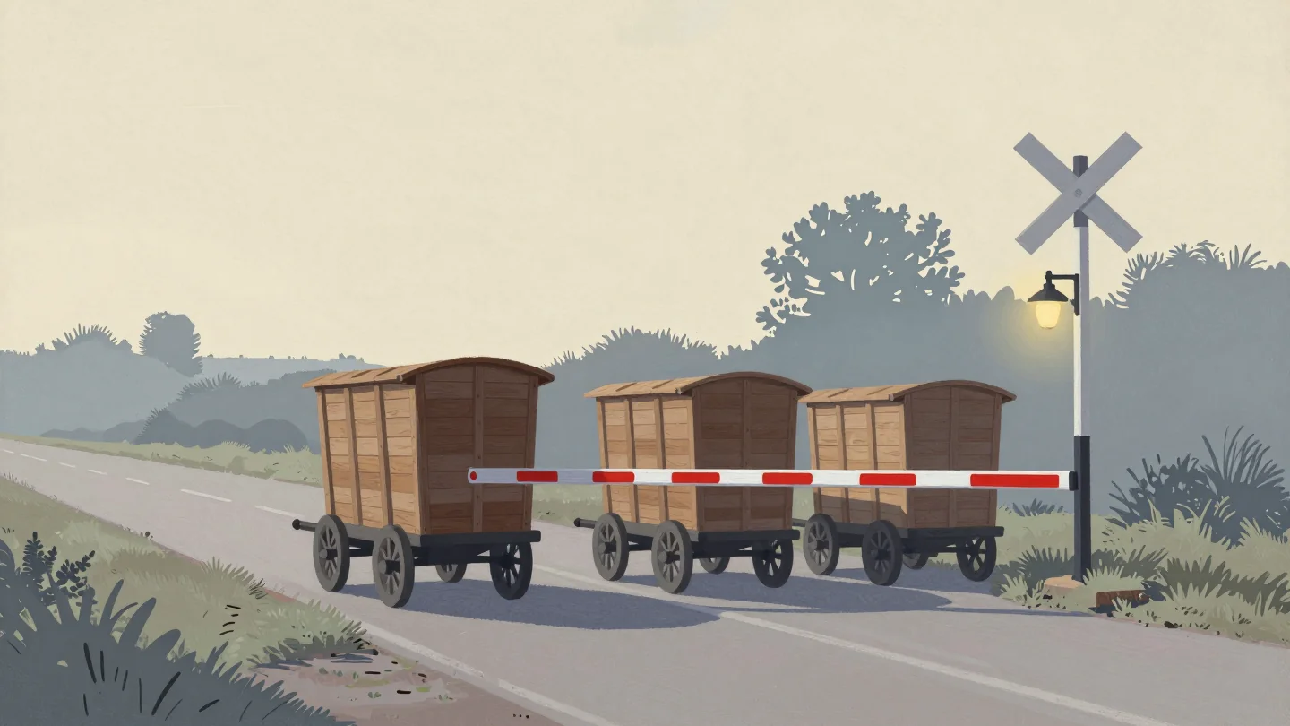 Three wooden wagons waiting on a country road at a level crossing, a striped barrier arm lowered in front of them.