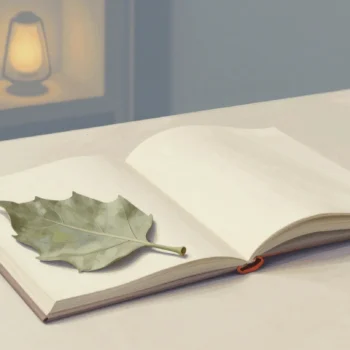 An open book on a pale table with a pressed leaf resting across its pages.